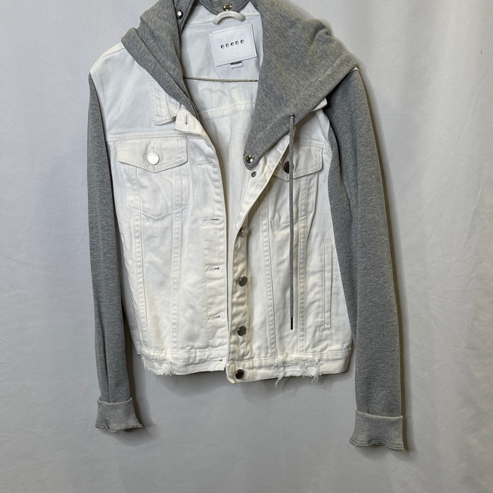 BlankNYC white denim and sweatshirt sleeves and hood jacket.  Size Large. VGUC